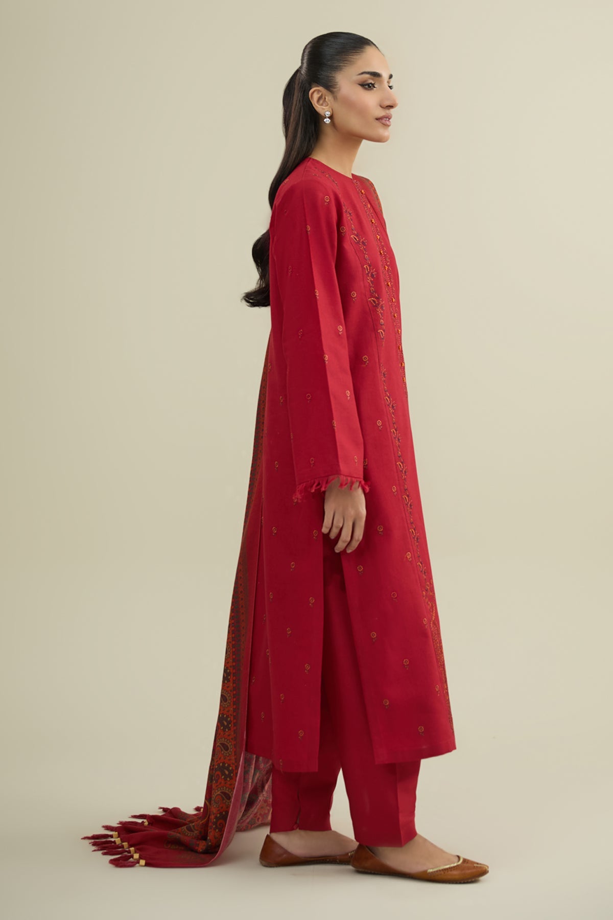 3 Piece - Printed & Embroidered Slub Khaddar Suit - C6356 - Shop Now at Kayseria