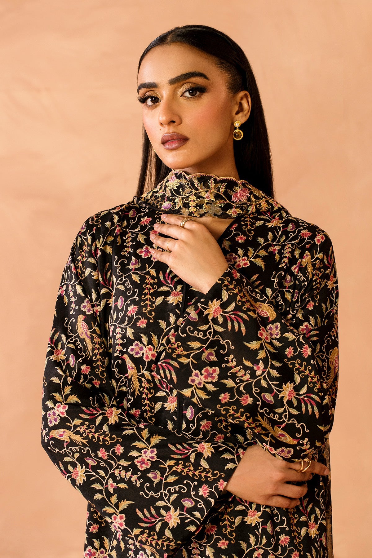 3 Piece - Printed & Embroidered Raw Silk Suit - MC2111 - Shop Now at Kayseria